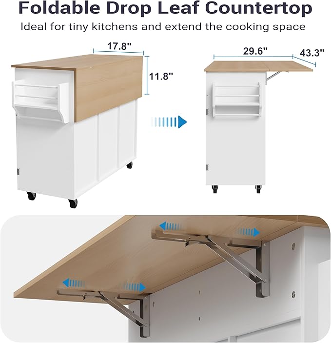 Kitchen Island on Wheels, Rolling Kitchen Island with Drop Leaf and 2 Drawers, Mobile Kitchen Cart Table Storage Cabinet with Tower Rack and Spice Rack for Dining Room, Kitchen, White