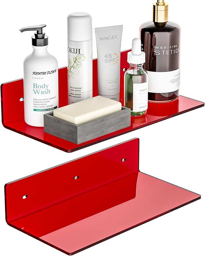 12 Inches Red Small Wall Shelves, Acrylic Bathroom Floating Shelves for Living Room, Bathroom, Bedroom, 2 Pack