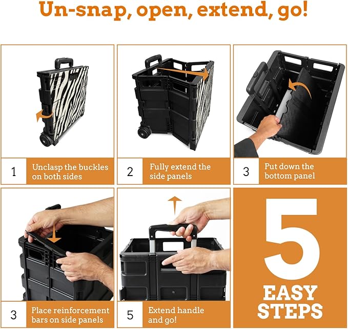 Inspired Living Ultra-Slim Rolling Collapsible Storage Pack-N-Roll Utility-carts, with Telescopic Handle, for Home, Garden, Shopping, Office, School use, Large, Zebra