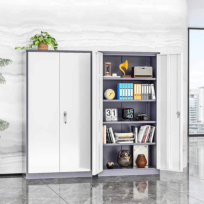 INTERGREAT Metal Garage Storage Cabinet with Lock, 72" Storage Cabinet with Locking Doors and 4 Adjustable Shelves, Lockable Steel Tool Cabinet for Home Office, School, Double Grey
