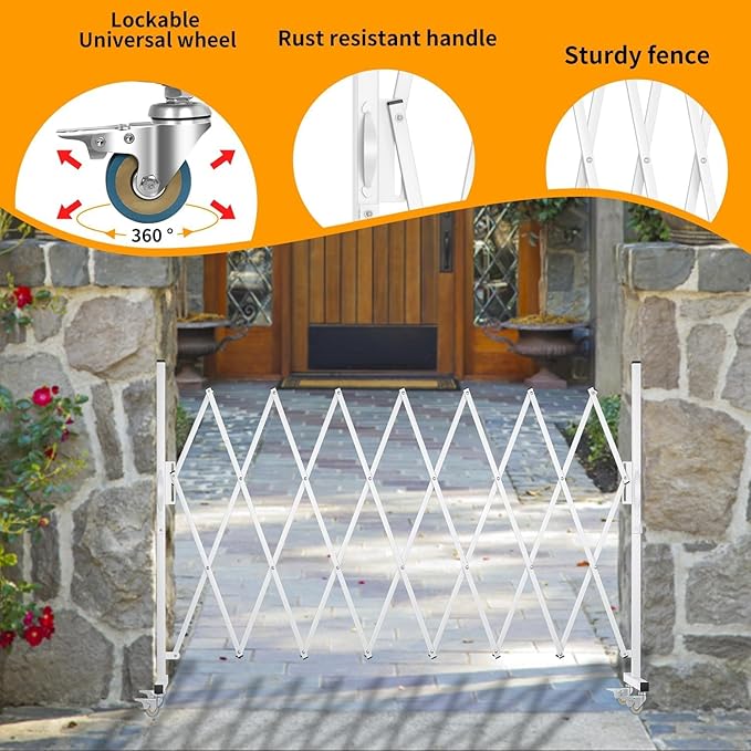 Expandable Barricade Gate,82" Metal Safety Barrier Gate with Casters,Accordion Garden Yard Outdoor Indoor Fence Folding Security Dog Gates Wall Mount,White