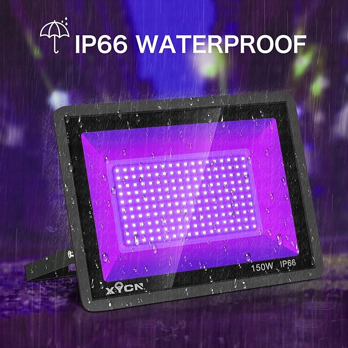 4 Pack 150W LED Flood Black Lights,395nm to 405nm UV Outdoor Flood High Power Blacklight Light with Plug in, IP66 Waterproof Large Black Light Spotlight for Glow Party Large Space, Halloween