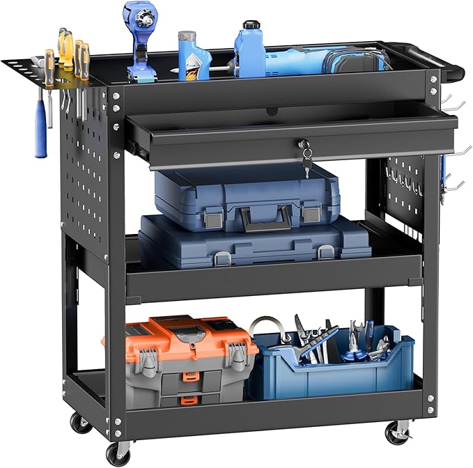 INTERGREAT 3-Tier Tool Cart, Heavy Duty Cart on Wheels, Industrial Mechanic Carts with Drawers and Pegboard, Tool Storage Cart for Garage, Warehouse, Black
