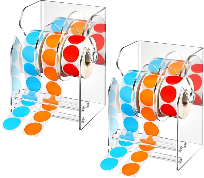 Geosar 2 Pcs Adjustable Label Dispenser 3 Disks Sticker Roll Holder Sticker Dispenser Clear Label Roll Holder Acrylic Tape Organizer Stand for Office Home Desktop
