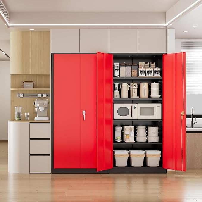 Pataku Metal Storage Cabinet, 72" Garage Cabinet with Doors and Shelves Lockable Steel Multifunctional Cabinets, File Cabinets for Home, Office, Warehouse(Black Red)