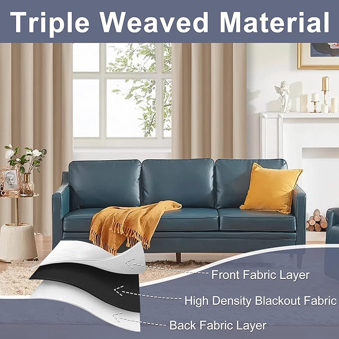 JIUZHEN Blackout Curtains for Bedroom - 60 Inch Wide Thermal Insulated Room Darkening Privacy Soundproof Curtains for Living Room, Set of 2 Panels with Tiebacks, 60 x 84 inches, Beige