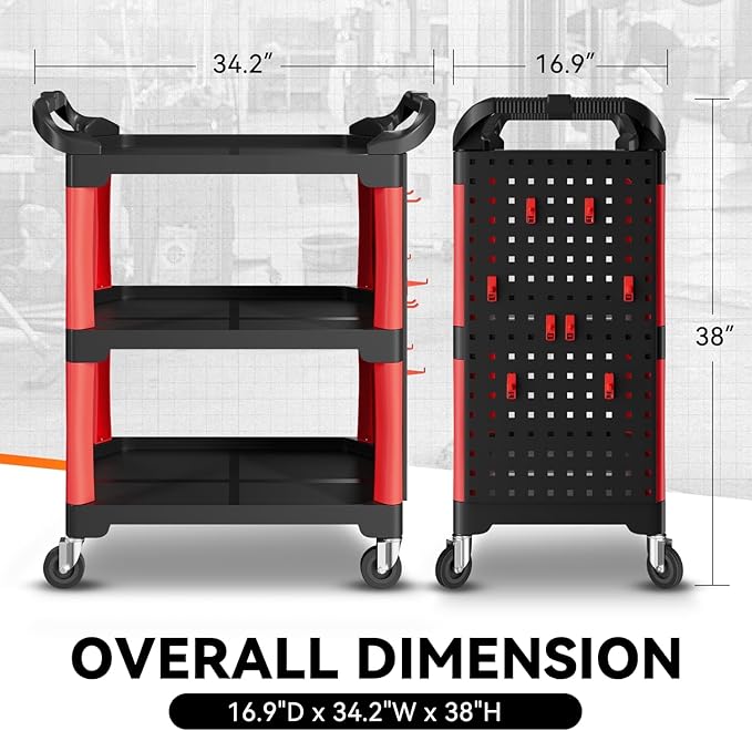 Auto Dynasty 3-Level Rolling Cart Trolley Storage Detailing Cart with Pegboard 120 kg/260 Lbs Capacity on Wheels Fits Garage, Warehouse, and Workshop Use, Black/Red