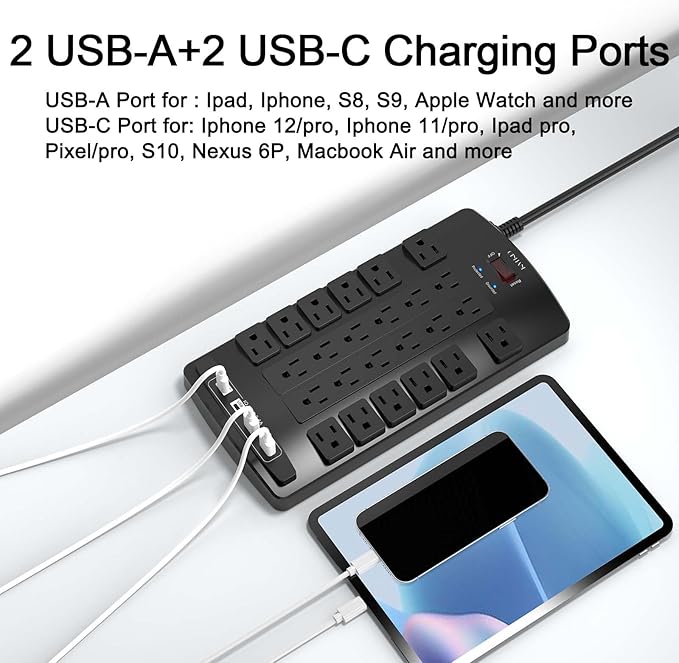Surge Protector Power Strip - QINLIANF 15Ft Flat Plug Heavy Duty Extension Cord with 24 Outlets and 4 USB Ports(1 USB-C Ports), 1875W/15A, 4100J, for Home, Office, Dorm, ETL Listed, Black