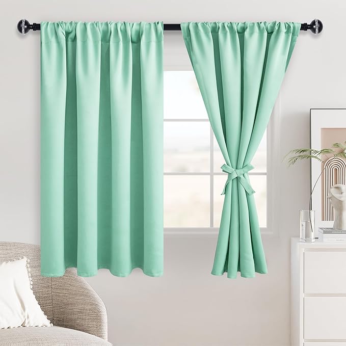 JIUZHEN Blackout Curtains for Bedroom - Thermal Insulated Noise Reducing Privacy Short Curtain for Living Room, Set of 2 Panels with Tiebacks, 42 x 54 inches Long,Mint Green