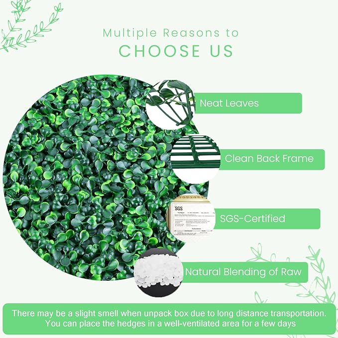 12 Pieces 20” X 20” (33.3 Sq.Ft) Artificial Hedge Boxwood Panels UV Protected Boxwood Hedge Grass Wall Green Greenery Plant Mats Backdrop Panels for Indoor Outdoor Garden Backyard Fence