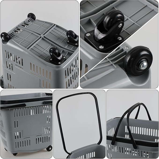50 L Plastic Rolling Shopping Basket with Handle, 4 Pcs Large Plastic Shopping Baskets with Handles and Wheels, Gray