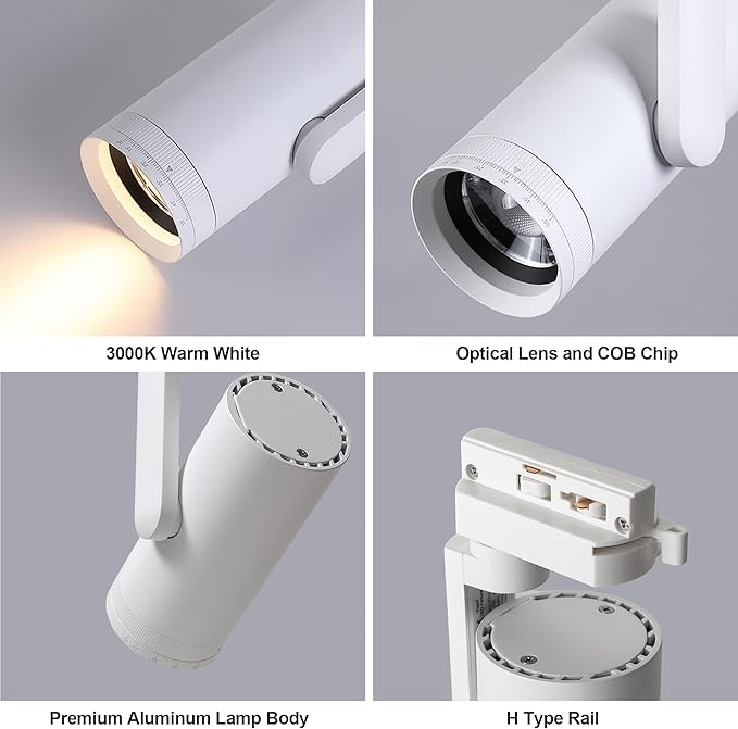 LED 12W Dimmable Track Lighting Heads with 10° to 55° Adjustable Beam Angle H Type 97 CRI 3000K Warm White Ceiling Spotlight for Accent Task Art, 1080lm, White