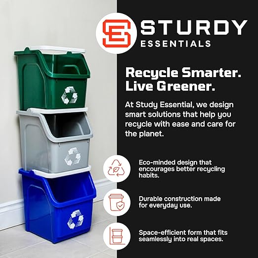 Multi Recycling Bin System with Twelve Stacking 6 Gallon Bins with Carrying Handles, Stackable and Compact for Offices, Homes, Garages, Businesses - (Yellow, 12 Pack)