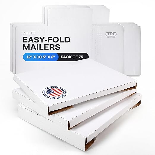 White Mailing Boxes 12"x10.5"x2", Pack of 75, USA-Made - Strong, Easy to Fold Cardboard Boxes for Secure Storage, Shipping and Moving - Water-Resistant and Snug Fit Cardboard Mailers by IDL Packaging