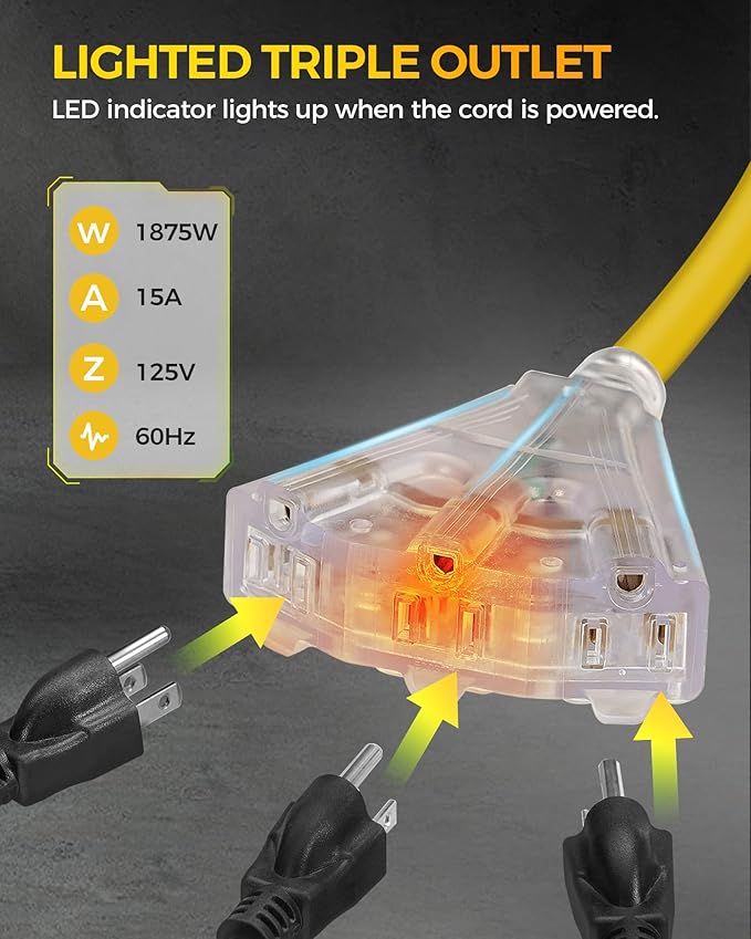 45 FT Retractable Extension Cord Reel, Heavy Duty Power Cord, 12AWG/3C SJTOW, 3 Grounded Outlets Lighted Triple Tap, Ceiling/Wall Mount,15 Amp Circuit Breaker, ETL Listed, Yellow Y45ACR06