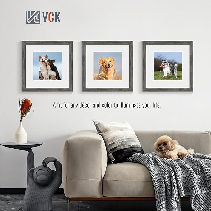 VCK 12x12 Picture Frame 5 Pack - Grey, High-End Wood Poster Frames with Tempered Glass, Display 8x8 Photo with Mat or 12x12 without Mat, Art Gallery-Quality, Wall Hanging, Grey