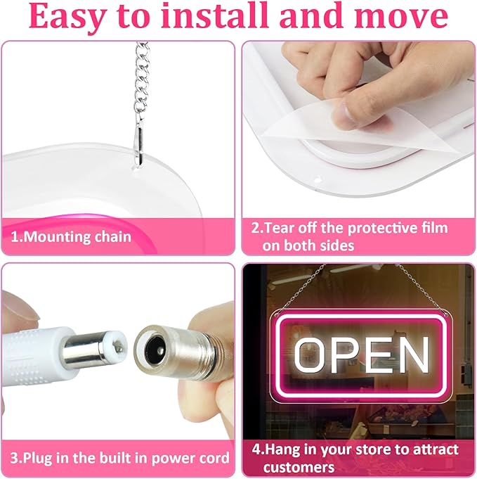 inShareplus 22.8"x 11.8" Open Sign, Super Bright Open Signs for Business, Neon Open Sign with ON/OFF Switch adapter, Electric Light up Sign for Stores, Restaurants Window (Pink&White Horizontal)