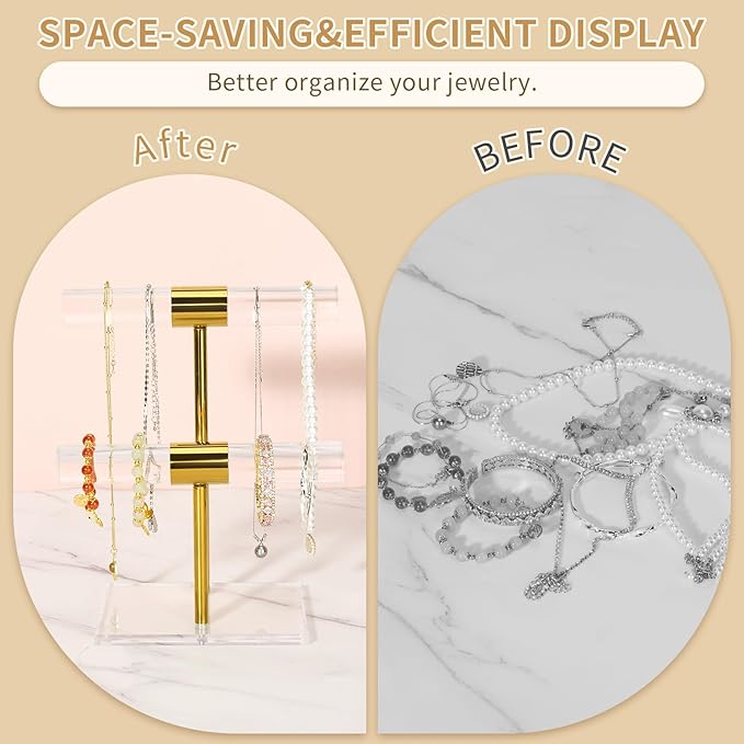 Necklace Holder Bracelet Holder, 2-Tier Acrylic Jewelry Display Stand Gold Jewelry Tower Stand Crystal T Bar Jewelry Organizer Gift for Women(2-Tier 1pc)