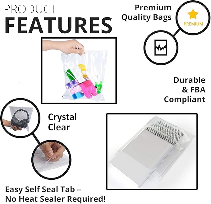 Poly Bags with Suffocation Warning 9x12" – Extra Strong Seal Clear Self-Sealing Packaging Bags – 200 Pack for Shipping and Retail – Retail Supply Co