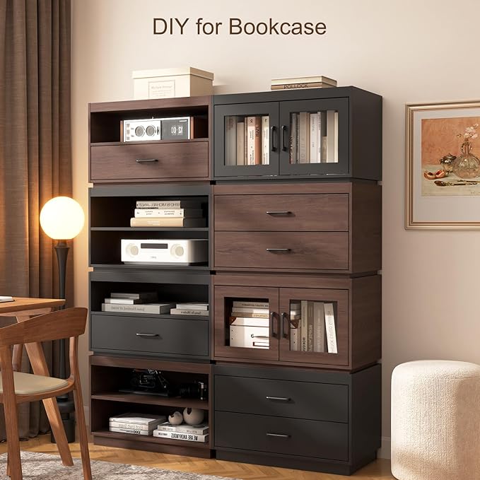Stackable Storage Drawers, 28" Wide Storage Bins with 2 Doors for Closet Organizers, Wood Stackable Closet Organizer Modern Large Stackable Units for Living Room Hallway Bedroom, Black