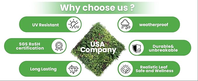 Artificial Boxwood Panel 20"x20" 6 Pieces, Green Grass Wall Backdrop for Fence Patio Backrop Balcony, Faux Ivy Privacy Fence Screen, 5 PCS Vines, 60 PCS Violet Flower, 2 PCS Light Strip