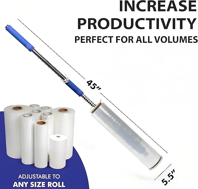 Long Handle Stretch Film Dispenser – 47" Heavy Duty Shrink Wrap Pole Tool – Fits 2-3" Core & 6-20" Film Width – Easy Pallet Wrapping