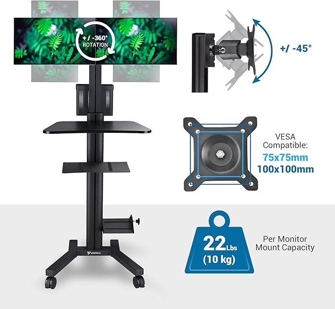 Yescom Mobile Computer Cart on Wheels Rolling PC Stand Desk Work Station Dual Monitor Mount Adjustable Keyboard Tray CPU Printer Holder for Lab Warehouse Black