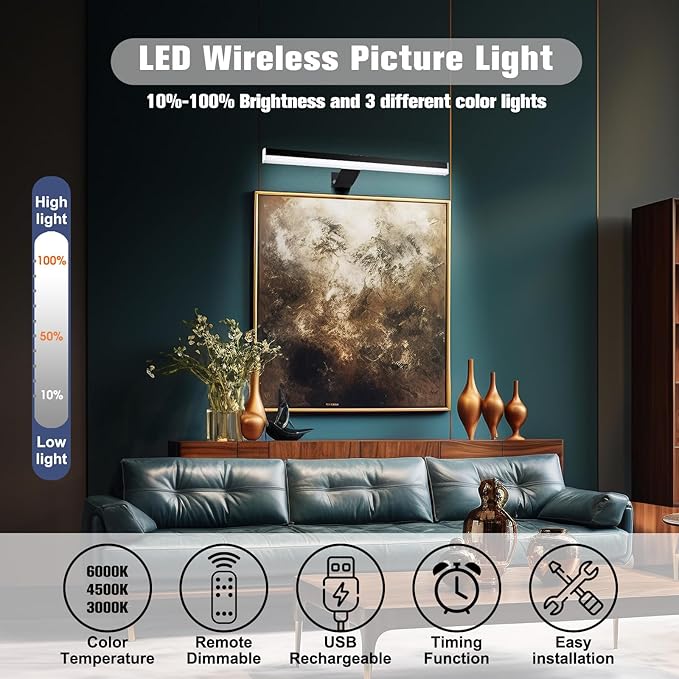 Wireless Picture Lights, 22inch Rechargeable Battery Operated Art Display Light with Remote Control, Over Mirror Magnet Vanity Lighting for Picture Frame Bathroom