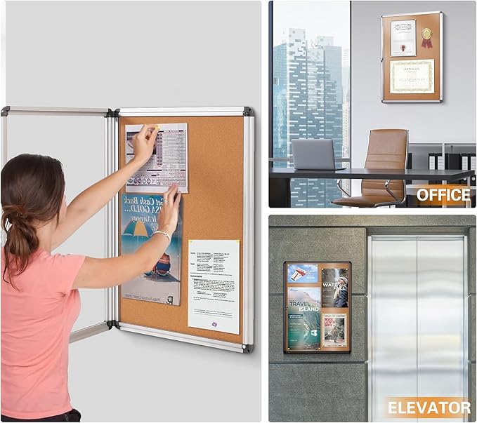 SWANCROWN Lockable Bulletin Board Notice Pin Cork Boards Tamper Proof Message Board for Photos Memos,26x20inch (4xA4)