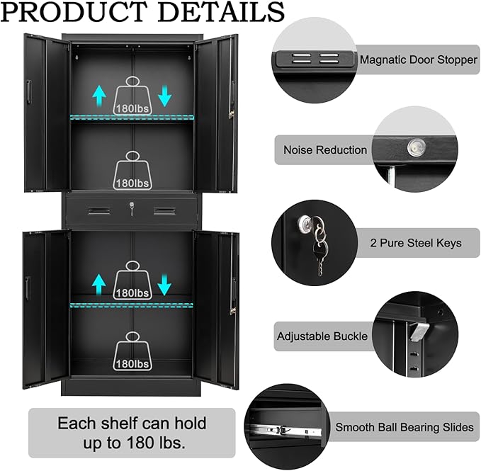Metal Storage Cabinet, 71 Inch Tall Metal Storage Cabinet with Doors and Shelves, Pantry Cabinets with Drawer for Kitchen Storage, Garage Cabinet for Living, Dining Room, Assemble Required.