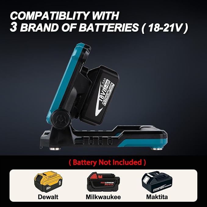 4000LM 25W Cordless Work Light Compatible with Dewalt, Makita and Milwaukee 18-21V Power Battery, Brightness Adjustable, Flicker Free (Battery Not Included)