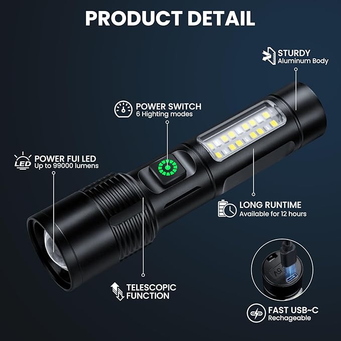 NiaoChao Rechargeable LED Flashlights High Lumens, 99000 Lumens Super Bright Flashlight with 6 Modes, Waterproof Powerful Flash Light Multifunctional Flashlights for Home Camping Hiking(3 Pack)
