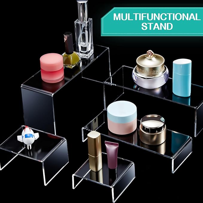 4 Set Acrylic Display Risers - Medium & Large Display Stand Shelf for Organizing Cupcake, Figure, Jewelry & Collectibles (Clear)
