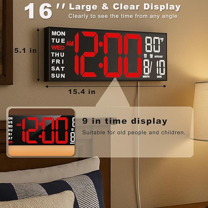 TrophyRak 16" Large Digital Wall Mount Clock, Count Down Timer, Alarm, Big LED, RGB Color, DST, Temperature for Living Room Classroom Desk, Wall, Xmas, Birthday Gift for Senior Mom Dad, Red White