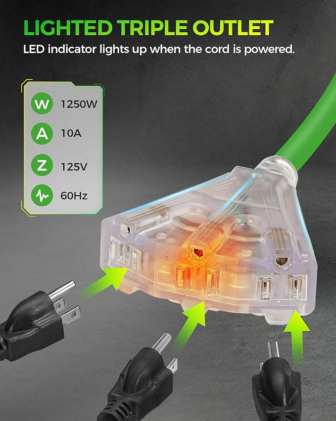 Retractable Cord Reel, 75 FT Heavy Duty Extension Cord, 14AWG/3C SJTOW, 3 Grounded Outlets Lighted Triple Tap, 10A Circuit Breaker, Wall/Ceiling Mounted, UL Listed, Green J75CR06