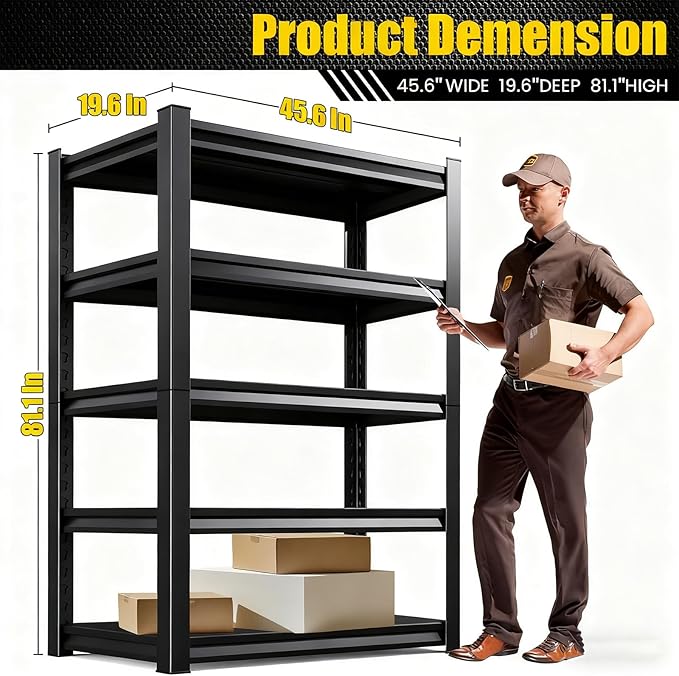 81”H*46”W Garage Shelving Heavy Duty Storage Shelves, 5-Tier Metal Adjustable Shelving Unit, 3000LBS Utility Garage Organizer Shelf Rack for Pantry, Kitchen, Warehouse, Black