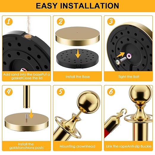 LOVMOR Stainless Steel Stanchion Post, 5 FT Red Carpet Ropes and Poles, 4 pcs Gold Stanchions with Red Rope, Hollow Base and Velvet Ropes Safety Barriers Set, Carpet Runner for Party