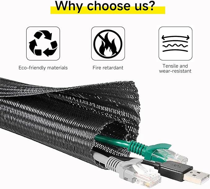 Wire Cord Protector Wire Loom Tubing, 25ft - 1/4 inch Cable Sleeve Split Sleeving for USB Cable，Computer Electrical Wire Power Cord Audio Video Cable Black