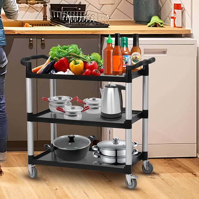 3-Tier Heavy Duty Rolling Cart with 360° Lockable Wheels, 120lbs Per Shelf Storage Utility Cart for Kitchen, Restaurant, and Office Use, Multifunctional Storage, Black, 42" Wx20 Dx39 H