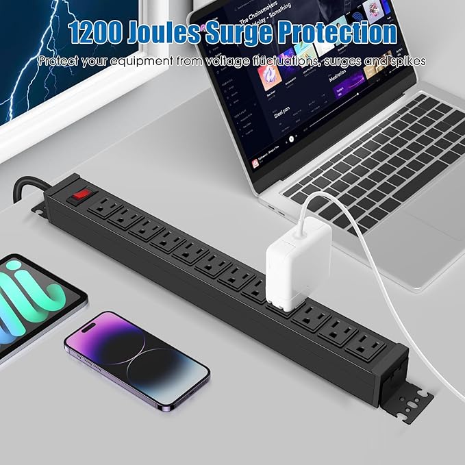 HHSOET 2 Pack Rotating Mountable Power Strip, 12 Outlet Wall Mount Surge Protector, Metal Heavy Duty and Versatile Outlet Strip, Stylish Appearance, Sturdy and Durable, 10ft Power Cord.(Black)