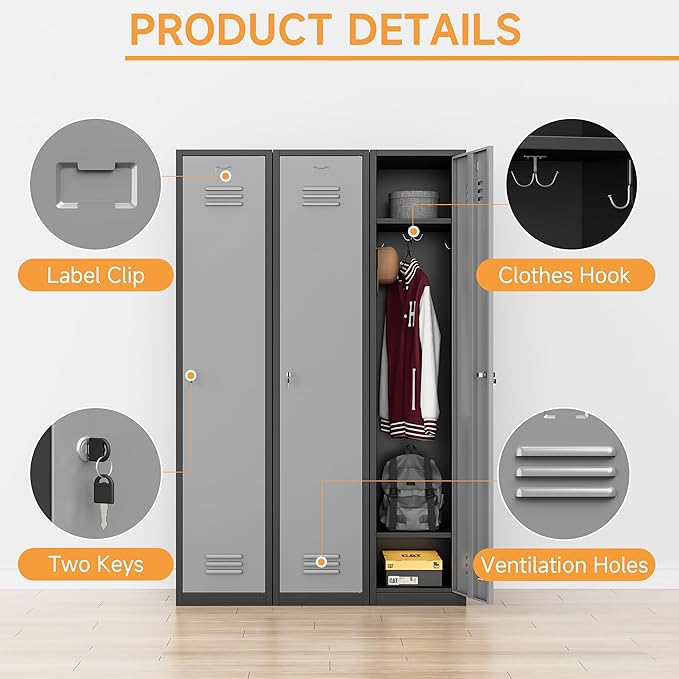 Bestoo Metal Locker, 71" Storage Cabinet with 1 Lockable Door and Hooks, Tall Freestanding Wardrobe for Employees, Gym, School, Home and Office (Black Gray)