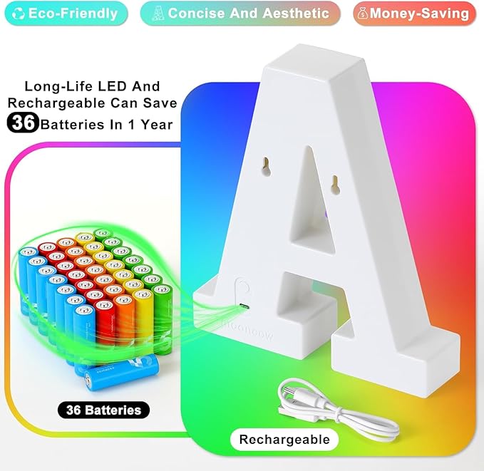 mooncow Rechargeable Light Up Letters,Colorful Marquee Letters with Remote,Gift Wrap Gifts,Bedroom Home Bar Party Decor (5)