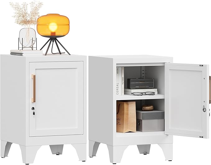 Bestoo Metal Locking Cabinet, 23.6" H Locker with 1 Magnetic Door and 1 Adjustable Shelve, Small Lockable Nightstand, White Bedside Storage Cabinets for Bedroom, Home, Office, School