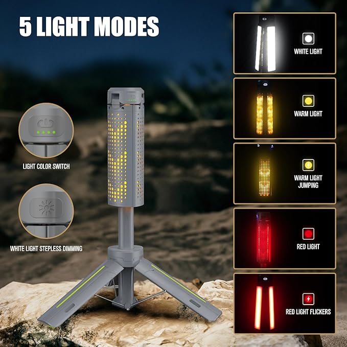 BUBRA Rechargeable Telescopic Camping Light with Power Bank & Stand, IP44 Waterproof Stepless Dimming Work Light & Flashlight, 3-Mode Portable LED Lantern for Emergency, Outdoor, Garage, Power Outages