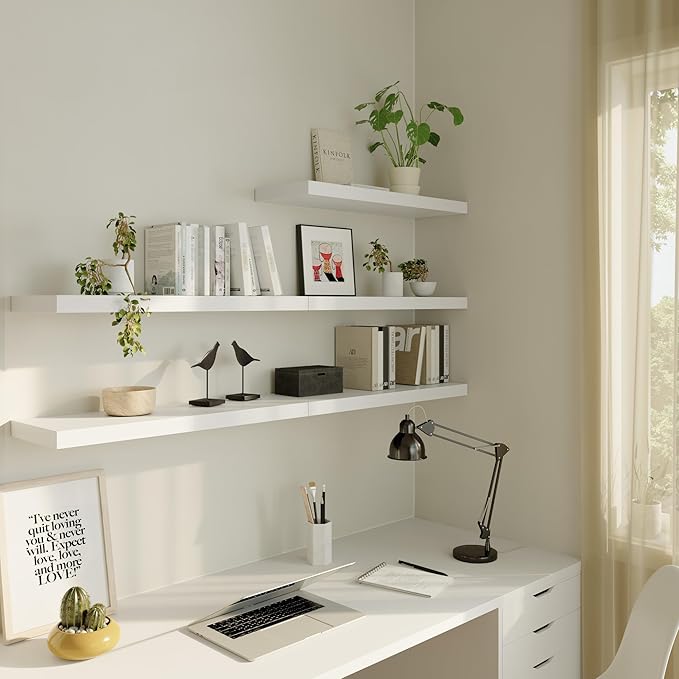 12 Inch Deep Floating Shelves for Wall 3 Pack Floating Shelfs Large Storage Space Wall Decor Display Shelf for Bathroom Living Room Bedroom Kitchen 48" W x 12" D x 1.2" H White