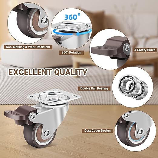 W B D WEIBIDA 2 Inch Casters Wheels Set of 4, Heavy Duty Plate Swivel Rubber Casters with Brakes, No-Noise TPR Rubber Wheels for Furniture, Tables, Boxes, Safe for Hardwood Floors & Carpets