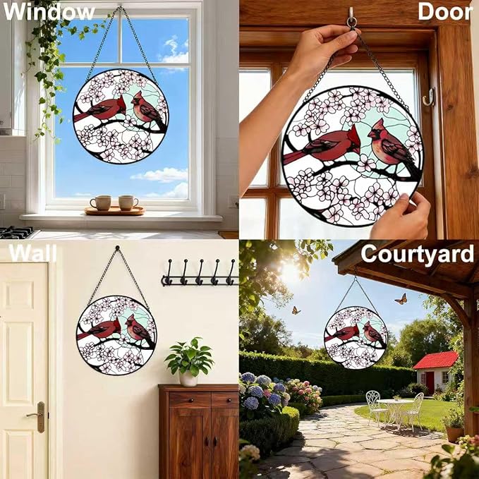 Stained Glass Window Hanging, Cardinal Sun Catcher Glass Panel with Metal Chain, 7.88’’ Indoor/Outdoor Art Decor for Home Garden, Women, Birthday, Christmas, Mother's Day