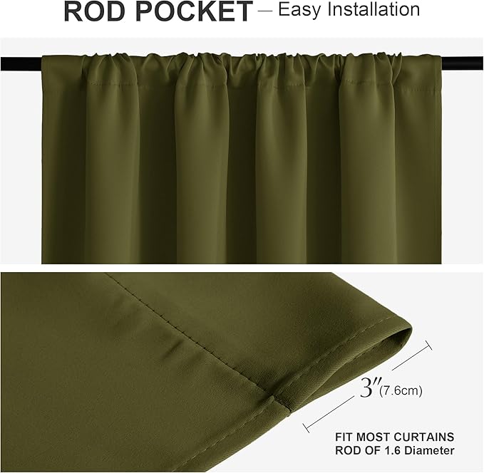 PONY DANCE Rod Pocket Curtains - Blackout Window Curtain Draperies Rod Pocket Thermal Insulated Energy Saving Christmas Home Decor for Dining Room, 52 Wide x 72-inch Long, Olive, 2 Pieces