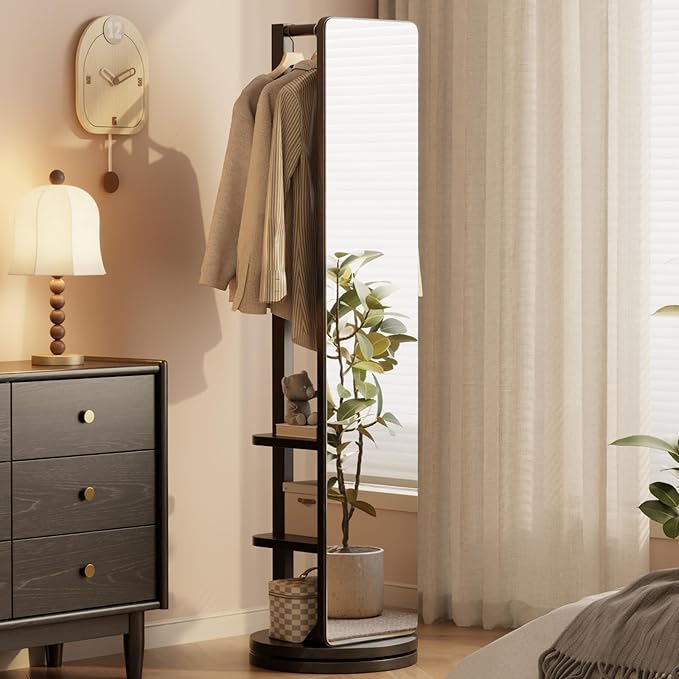 WoodsWhisper Full Length Mirror Coat Rack Solid Wood Floor Mirror 66"x12" Full Length Mirror with Stand Long Mirrors for Bedroom,Living Room