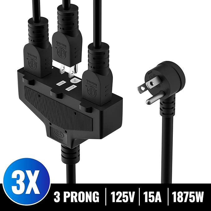 Outdoor Extension Cord 12 Ft with 3 Outlets, 14/3 SJTW 3 Prong Grounded Power Cord, 14 Gauge 14AWG Heavy Duty Power Cable, ETL Listed, 15 Amp 125 V 1875 W-Multiple Outlets for Indoor/Outdoor-Black